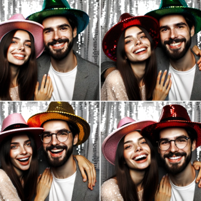 zdjęcie z fotobudki w kapeluszach z cekinami
